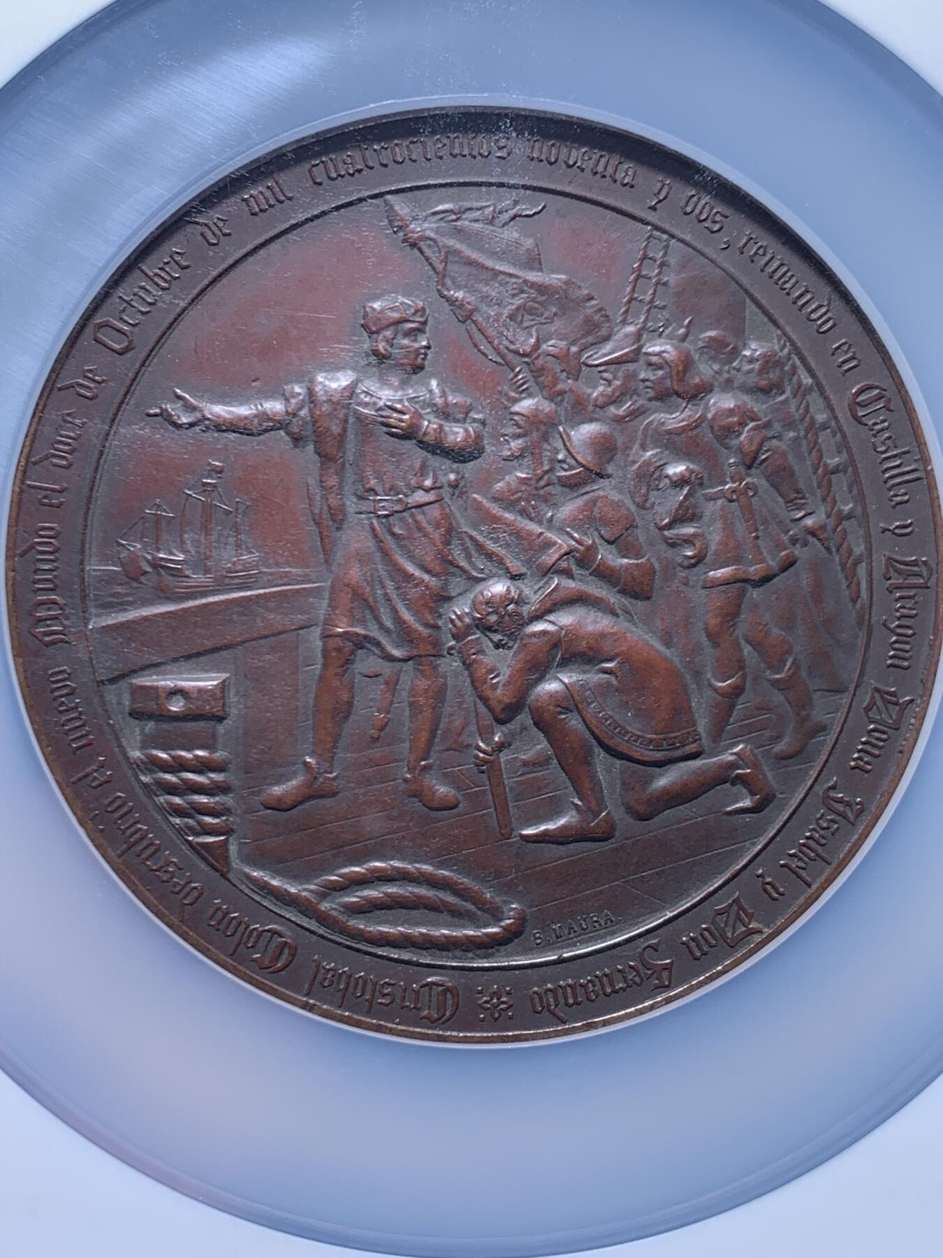 《竞宝斋》第459场 周日，周一，2场连拍 （全场包邮）欢迎送拍 NGC MS61BN 1892年 哥伦布 发现美洲纪念章 加大加厚盒装