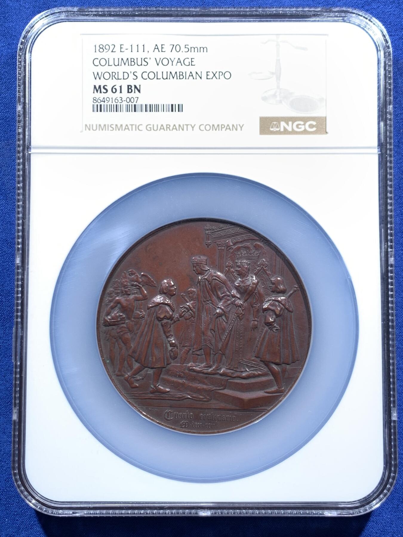 《竞宝斋》第459场 周日，周一，2场连拍 （全场包邮）欢迎送拍 NGC MS61BN 1892年 哥伦布 发现美洲纪念章 加大加厚盒装