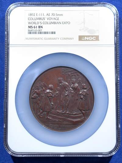 《竞宝斋》第459场 周日，周一，2场连拍 （全场包邮）欢迎送拍 - NGC MS61BN 1892年 哥伦布 发现美洲纪念章 加大加厚盒装