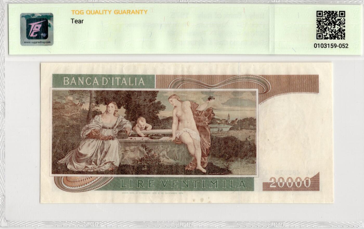 喜羊羊钱币收藏2026第13期(高性价比评级币场) 	意大利	P-104 1975年20000里拉			40				IA483976F			