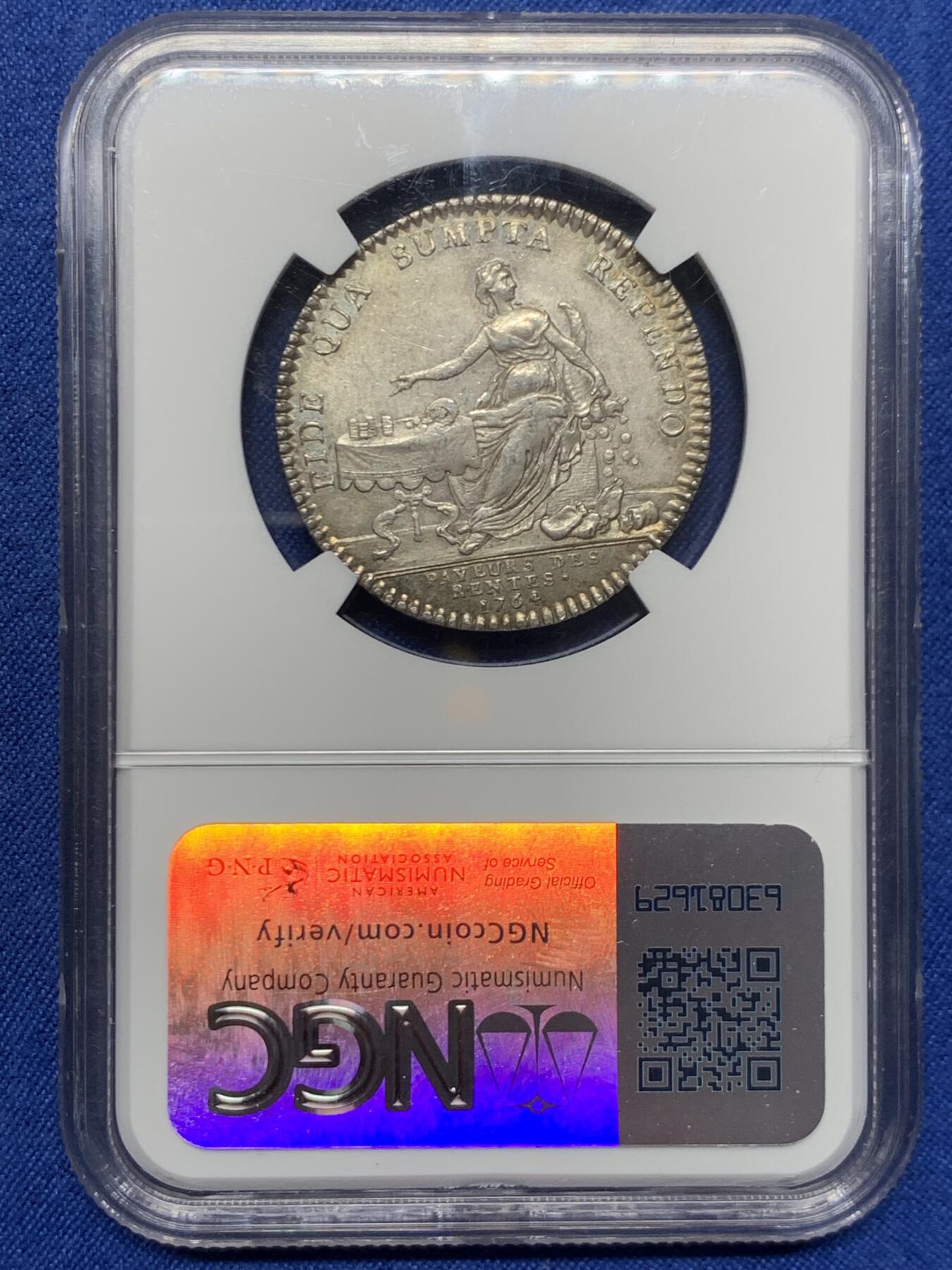 《竞宝斋》第459场 周日，周一，2场连拍 （全场包邮）欢迎送拍 NGC MS63 法国1764年路易十五退休金jeton 五彩原光 状态难得 jeton中比较少见的品种 足够自藏的品质