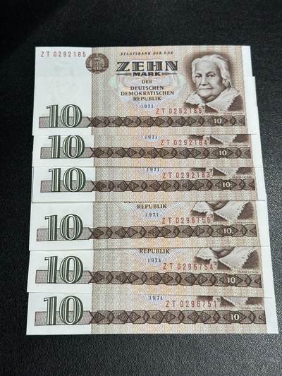 《外钞收藏家》第六百零三期（精选场）（本平台长期征集拍品、欢迎藏友们联系合作） - 1971年东德10马克 全新UNC 六张一起 部分连号