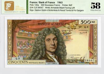 喜羊羊钱币收藏2026第13期(高性价比评级币场) - 	法国	P-145a 1963年500新法郎	58				Q.9 38067			
