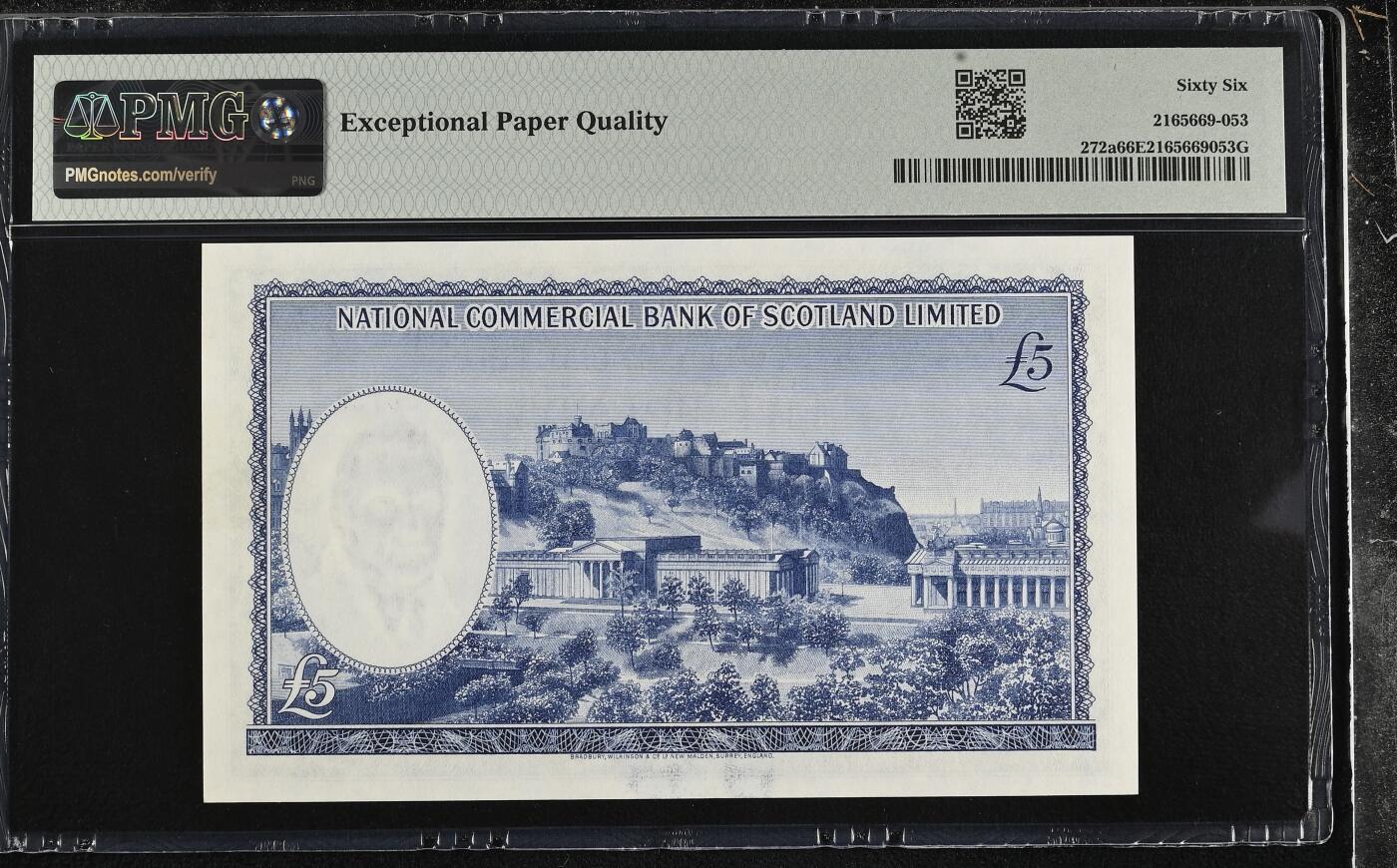 《外钞收藏家》第六百零三期（精选场）（本平台长期征集拍品、欢迎藏友们联系合作） 【亚军】苏格兰 Pick272a Pmg66e 1964 5 G451644 BWC作品 入库量少亚军 分色彩过渡自然丝滑顺畅雕刻细腻光亮深暗层次分明爱丁堡城堡位于死火山花岗岩顶上是重要的皇家住所和国家行政中心是苏格兰的重要象征