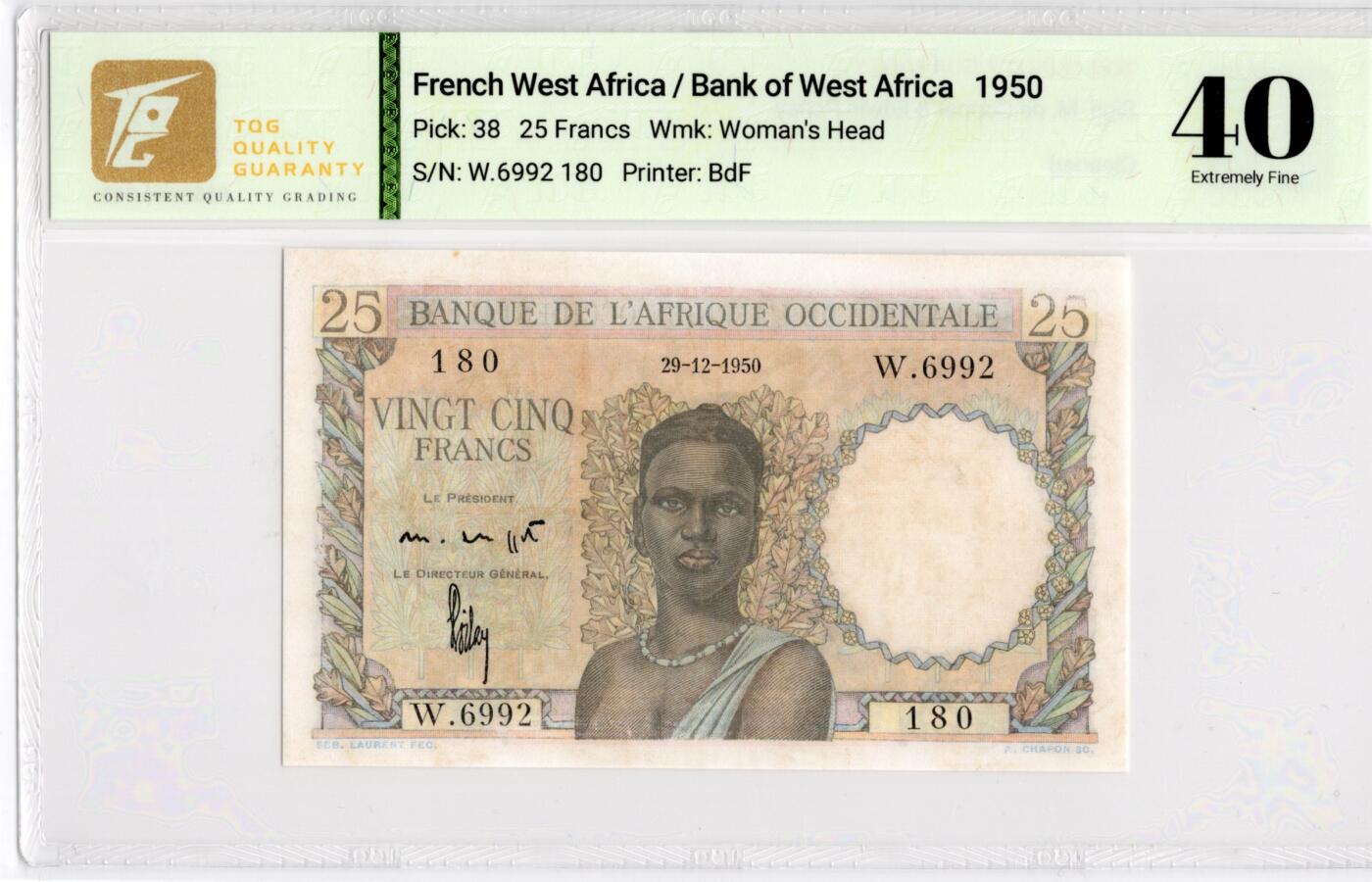 喜羊羊钱币收藏2026第13期(高性价比评级币场) 法属西非	P-38 1950年25法郎			40				W.6992 180			