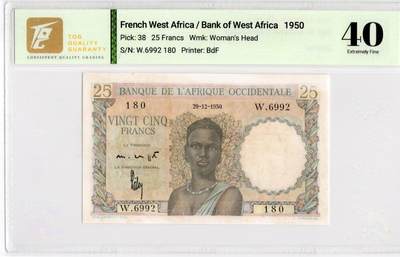 喜羊羊钱币收藏2026第13期(高性价比评级币场) - 法属西非	P-38 1950年25法郎			40				W.6992 180			