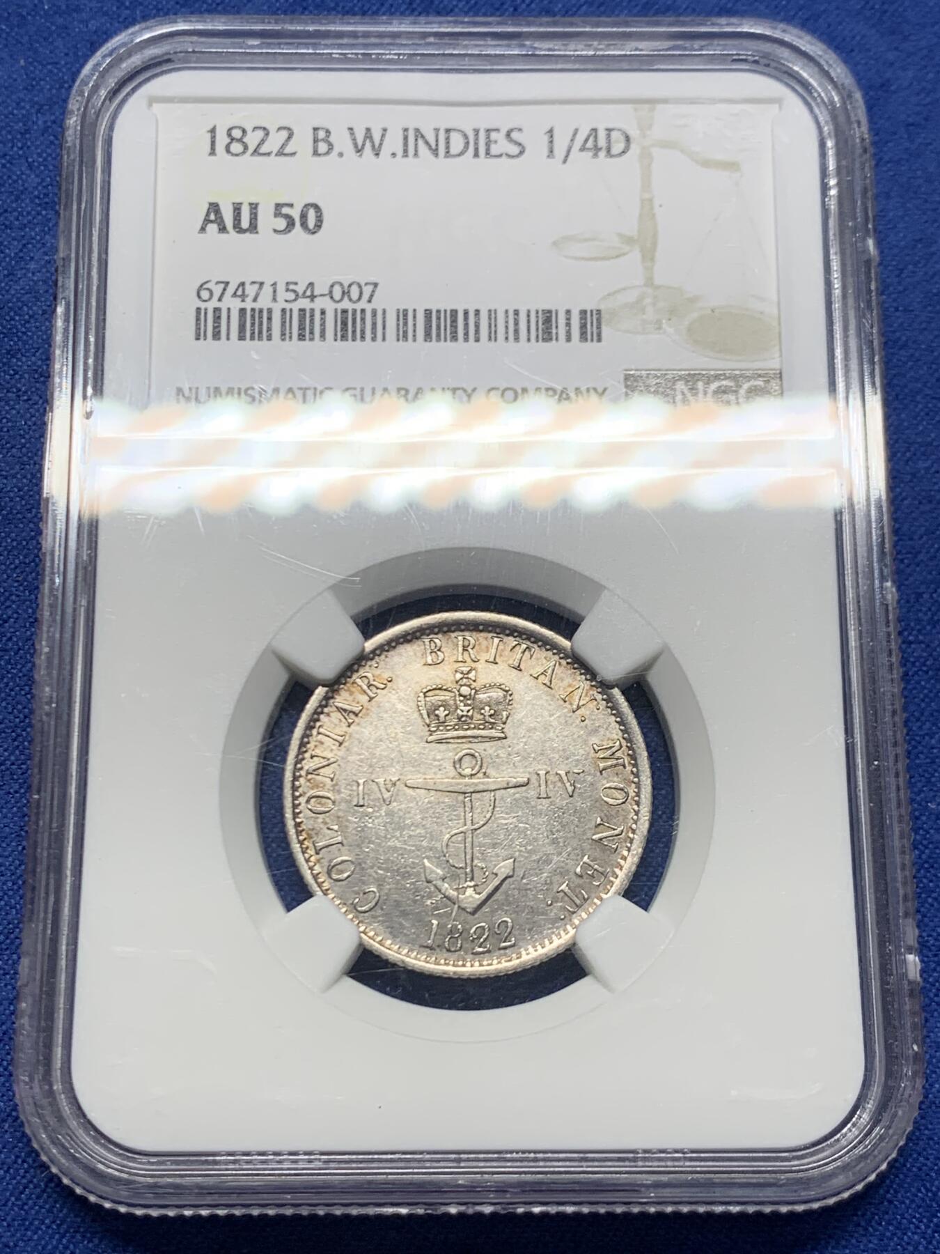 《竞宝斋》第459场 周日，周一，2场连拍 （全场包邮）欢迎送拍 NGC AU50 英属西印度1822年1/4元锚币 著名的大面值锚币