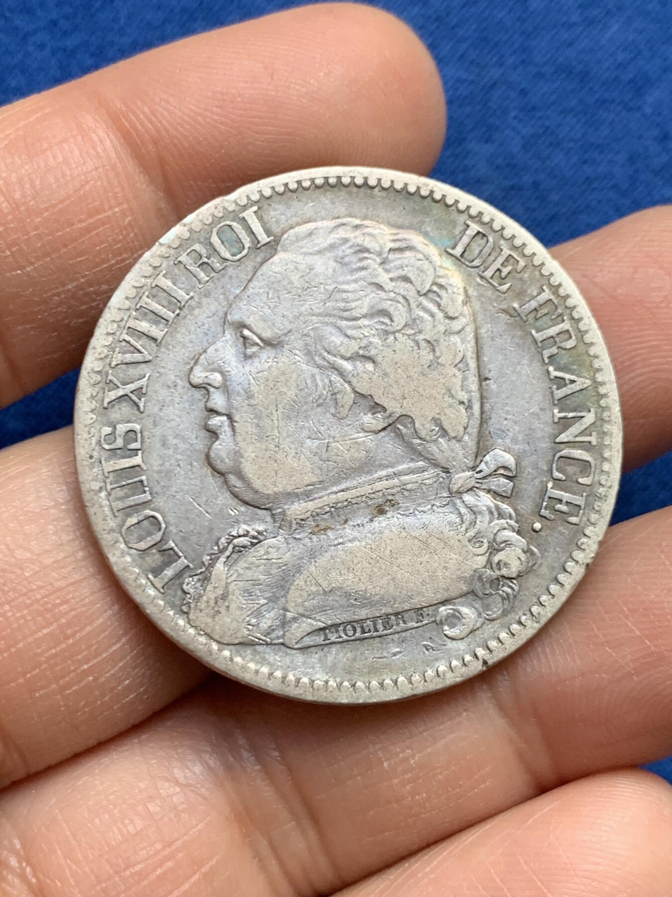 《竞宝斋》第459场 周日，周一，2场连拍 （全场包邮）欢迎送拍 法国1814年路易十八军装版5法郎银币 K厂波尔多厂