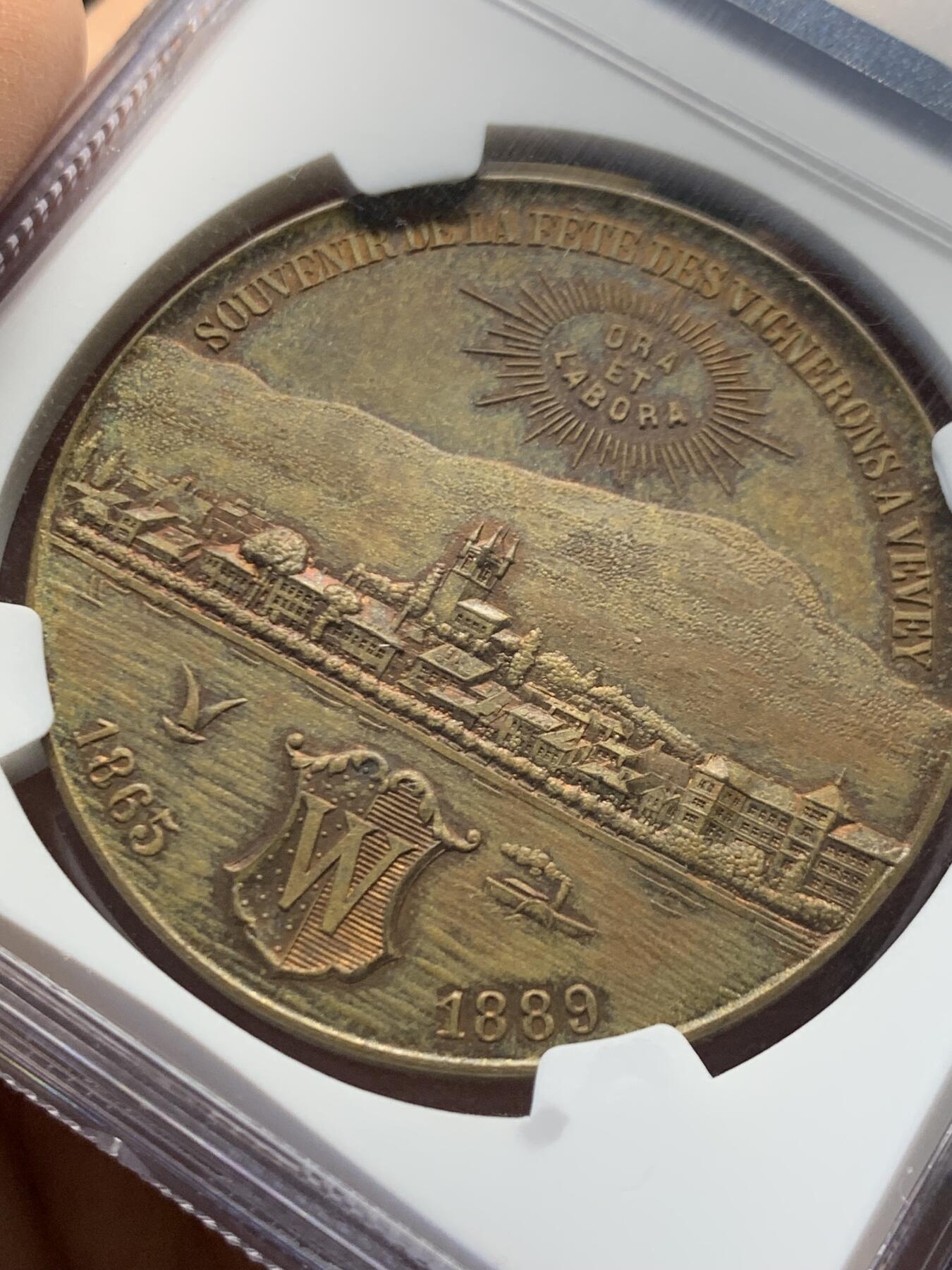 《竞宝斋》第459场 周日，周一，2场连拍 （全场包邮）欢迎送拍 NGC MS62BN 瑞士 1889年 葡萄园 景观铜章 为丰收而舞 整体非常值得收藏