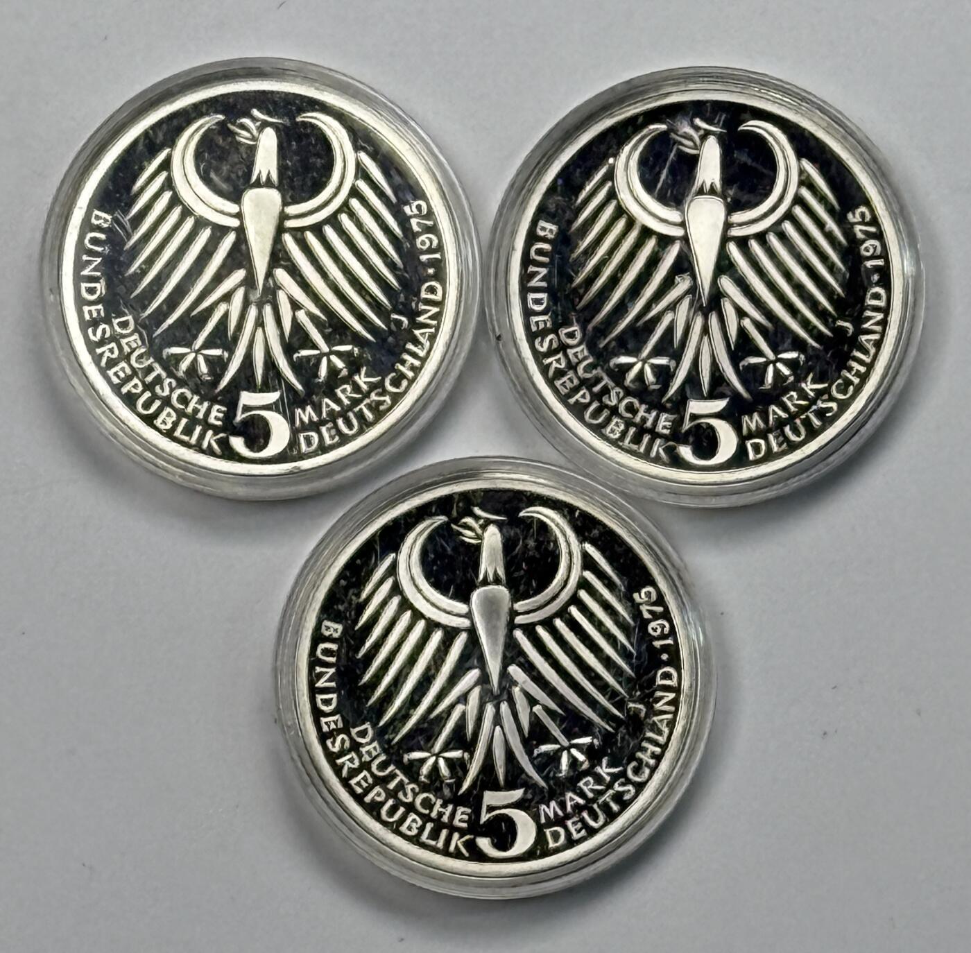 S&S Numismatic世界钱币-拍卖 第119期  3枚一起-德国1975年 弗里德里希·埃伯特逝世50周年 5马克精制纪念银币，3枚合计33.6克625银，品相如图