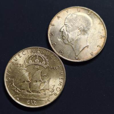 【全场包邮】纯粹捡漏拍497场-持续更新中 - 瑞典1938年2克朗移居特拉华300周年纪念银币2枚一组【31毫米15克80%X2枚】