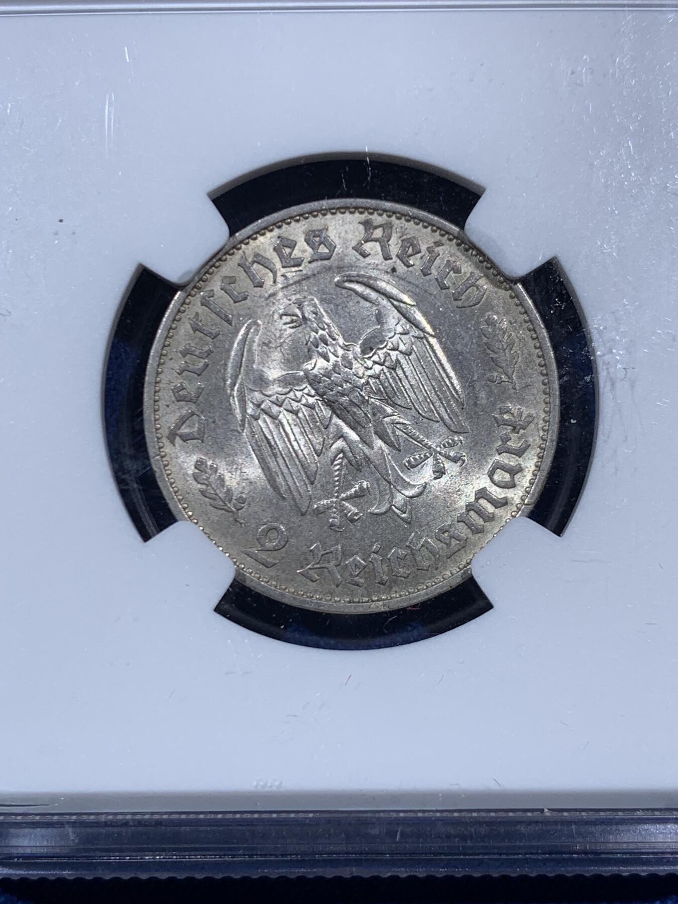 《竞宝斋》第459场 周日，周一，2场连拍 （全场包邮）欢迎送拍 NGC MS61 德国1934年F厂诗人席勒175周年诞辰2马克纪念银币