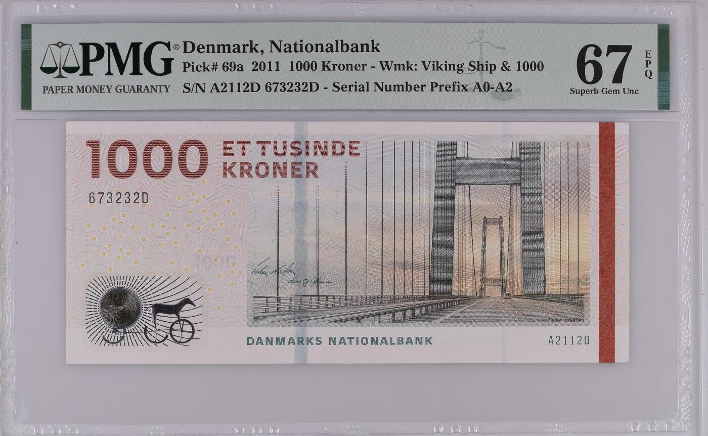 《外钞收藏家》第六百零三期（精选场）（本平台长期征集拍品、欢迎藏友们联系合作） 2011年丹麦桥版1000克朗 PMG67 号码无4