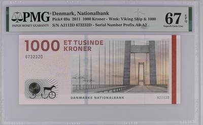 《外钞收藏家》第六百零三期（精选场）（本平台长期征集拍品、欢迎藏友们联系合作） - 2011年丹麦桥版1000克朗 PMG67 号码无4