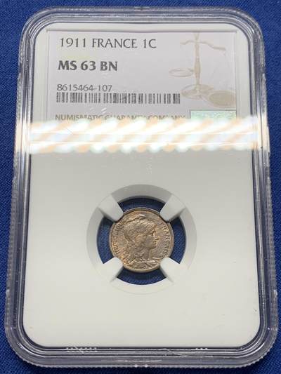 《竞宝斋》第459场 周日，周一，2场连拍 （全场包邮）欢迎送拍 - NGC MS63BN 法国1911年1分铜币