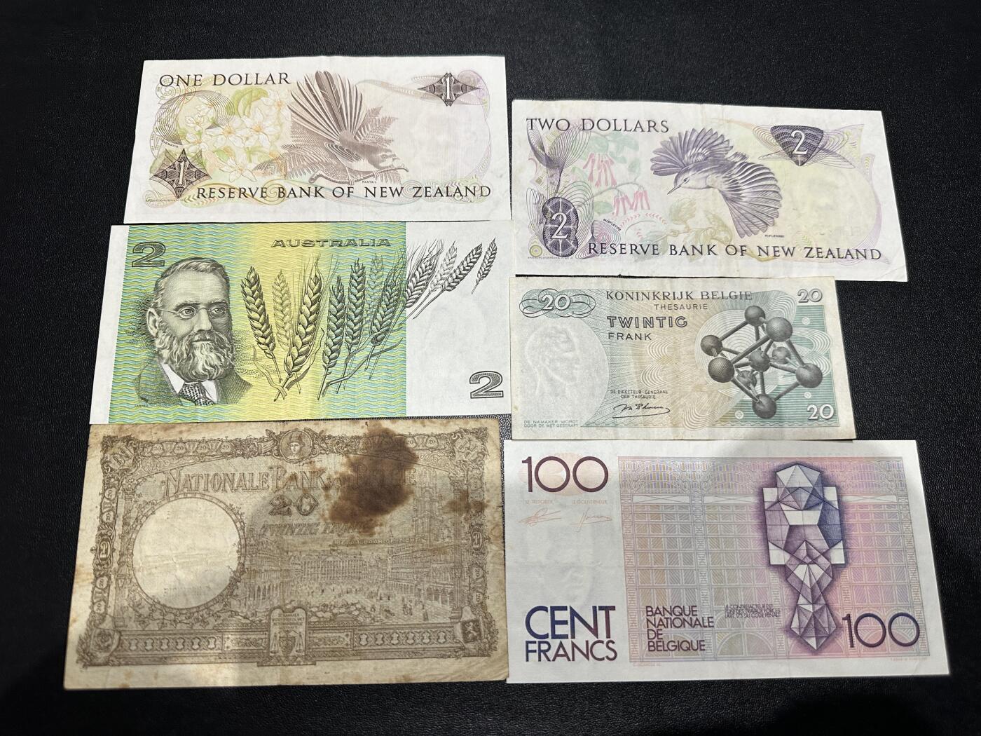 《外钞收藏家》第六百零三期（精选场）（本平台长期征集拍品、欢迎藏友们联系合作） 新西兰、澳大利亚、比利时6张一起 非全新 品相如图