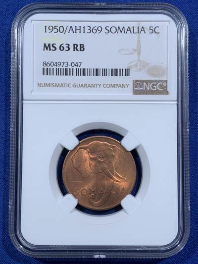 《竞宝斋》第459场 周日，周一，2场连拍 （全场包邮）欢迎送拍 - NGC MS63RB 1950年意属索马里5分铜币 大象!车轮光状态 低评!