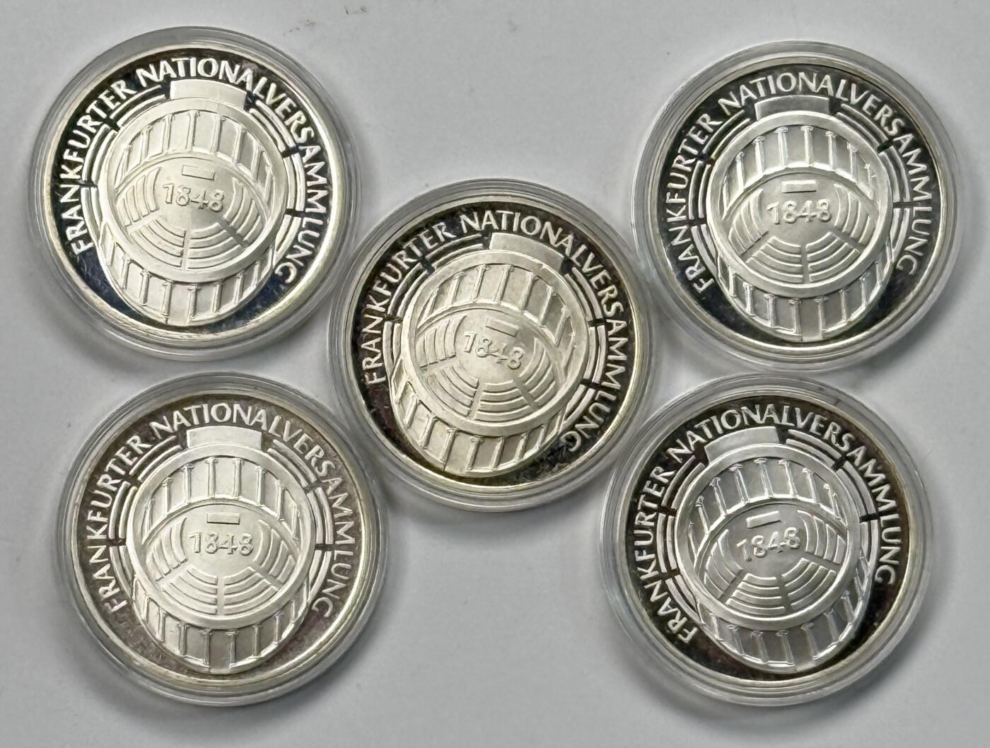 S&S Numismatic世界钱币-拍卖 第119期  5枚一起-德国1973年 法兰克福国民议会125周年 5马克精制纪念银币，56克625银，品相如图