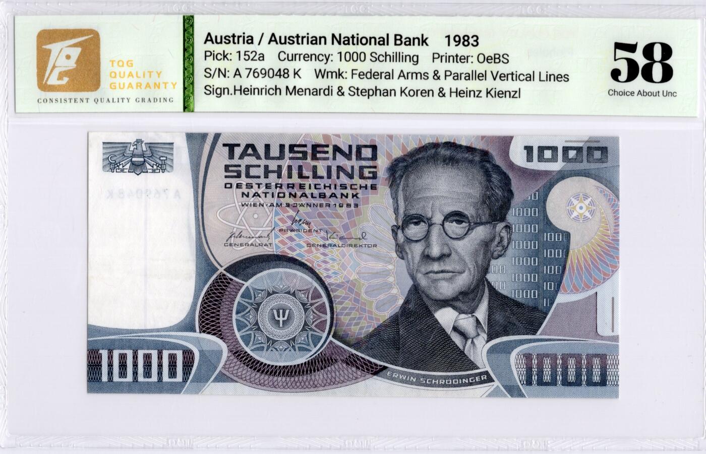 喜羊羊钱币收藏2026第13期(高性价比评级币场) 	奥地利	P-152a 1983年1000先令			58				A769048K			