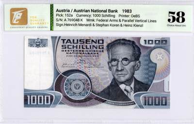 喜羊羊钱币收藏2026第13期(高性价比评级币场) - 	奥地利	P-152a 1983年1000先令			58				A769048K			