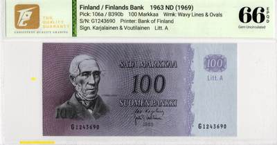 喜羊羊钱币收藏2026第14期(评级币场) - 	芬兰	P-106a 1963版100马克	66E				G1243690			