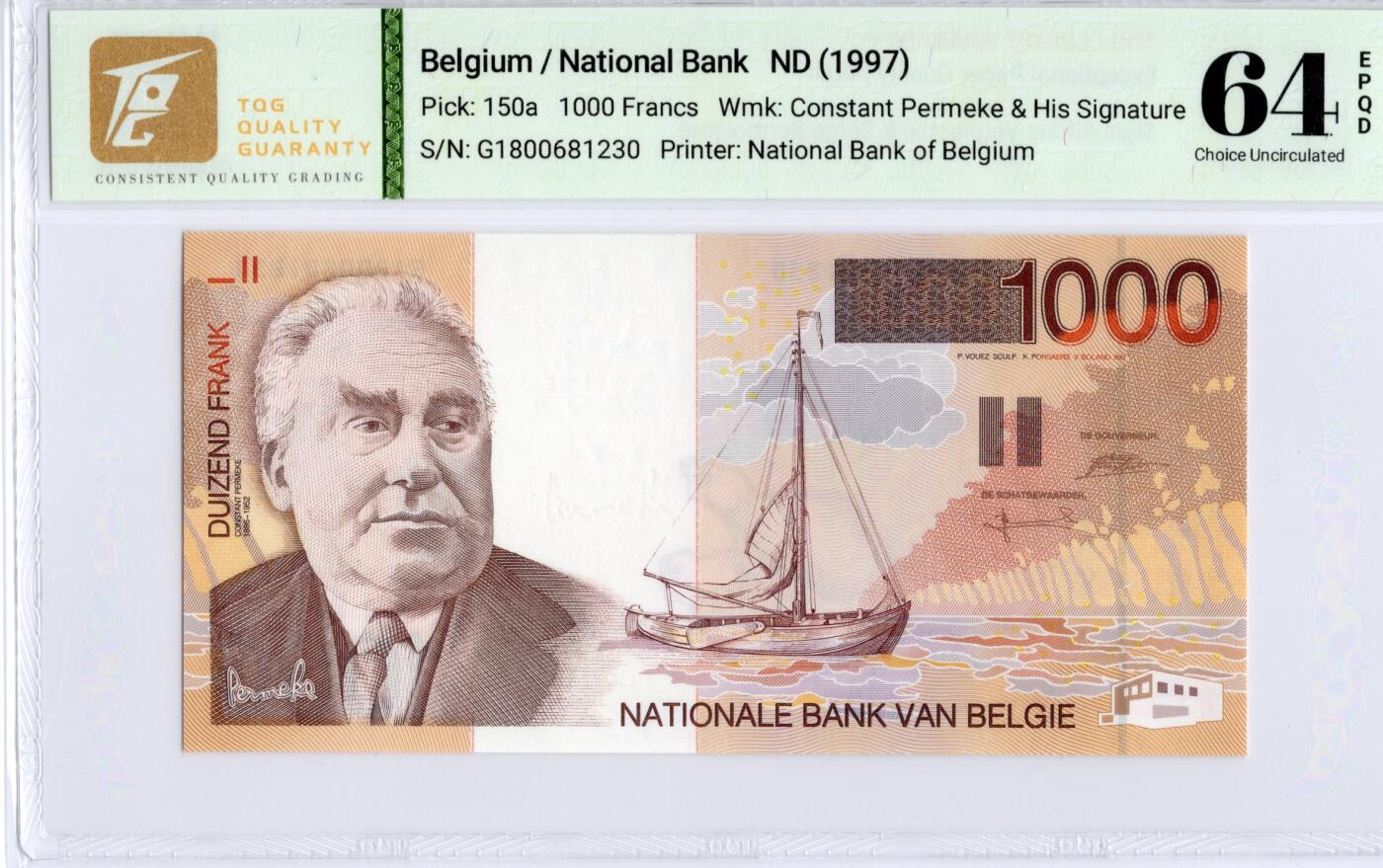 喜羊羊钱币收藏2026第14期(评级币场) 比利时	P-150 1997年1000法郎		64E				61800681230			