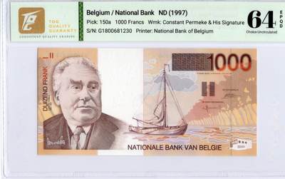 喜羊羊钱币收藏2026第14期(评级币场) - 比利时	P-150 1997年1000法郎		64E				61800681230			