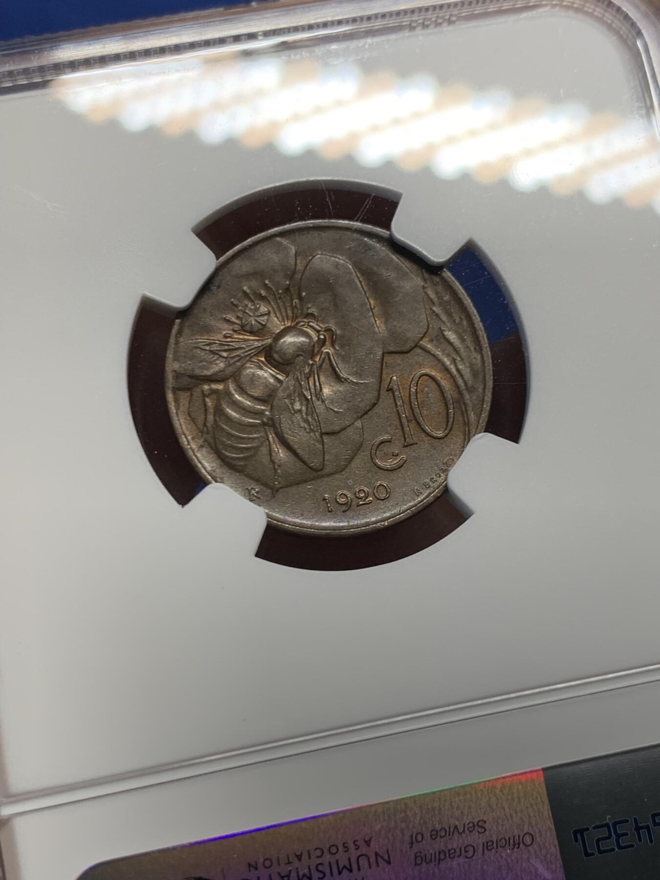 《竞宝斋》第459场 周日，周一，2场连拍 （全场包邮）欢迎送拍 NGC MS61BN 意大利小蜜蜂1920年10分，古典主义风格代表作品，极美的设计，原铜光不容易