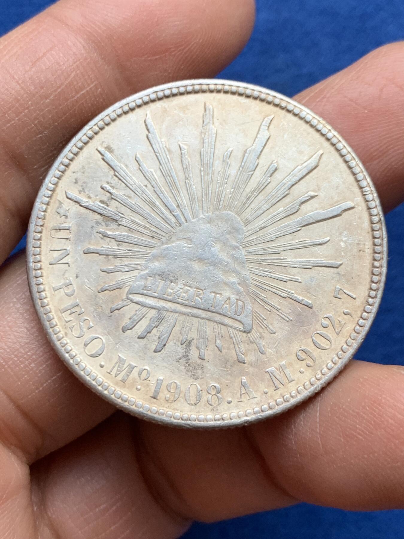 《竞宝斋》第459场 周日，周一，2场连拍 （全场包邮）欢迎送拍 墨西哥1908年直边鹰洋银币 26.9克