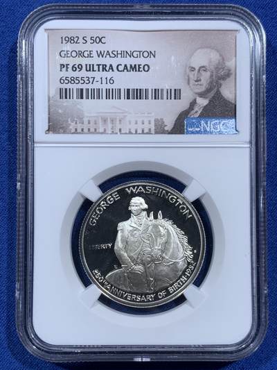 《竞宝斋》第459场 周日，周一，2场连拍 （全场包邮）欢迎送拍 - NGC PF69UC 美国1982年乔治·华盛顿诞辰250周年纪念半元精制银币 900银 12.5克
