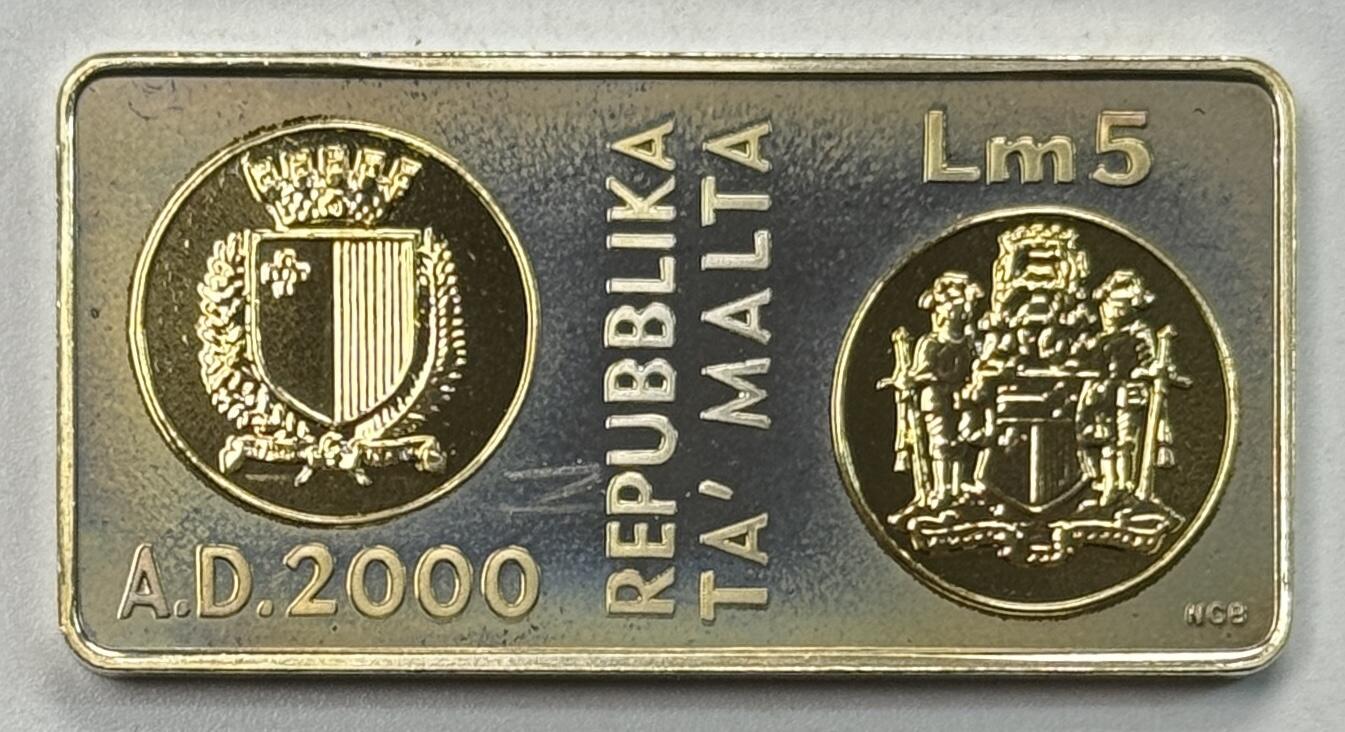 S&S Numismatic世界钱币-拍卖 第119期  马耳他2000年 千禧年 5里拉精制镀金长方形银币 15克925银