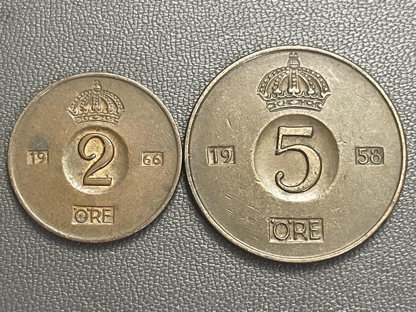回流0120 瑞典1966、1958年古斯塔夫六世时期2欧尔、5欧尔铜币