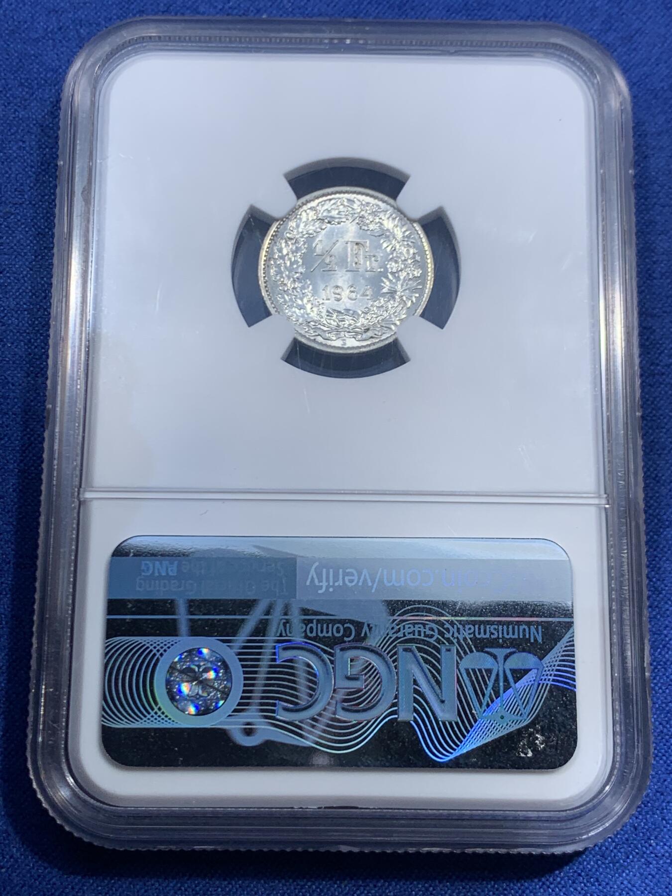 《竞宝斋》第459场 周日，周一，2场连拍 （全场包邮）欢迎送拍 两枚一组 NGC MS63 瑞士1964/1965年女神半法郎/2法郎银币