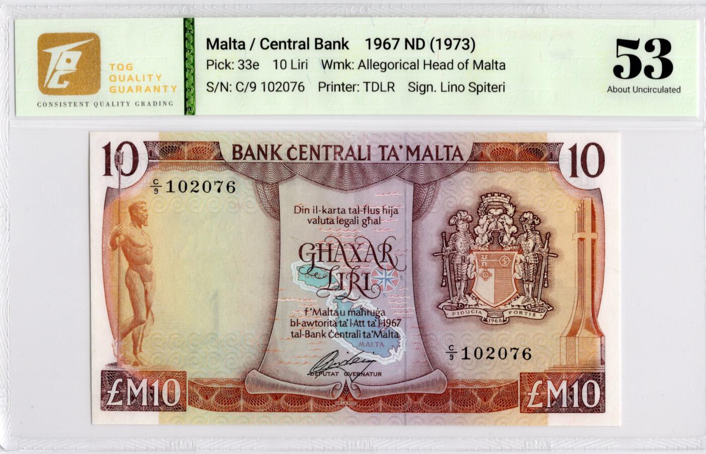 喜羊羊钱币收藏2026第13期(高性价比评级币场) 马耳他	P-33e 1973年10镑	53				C/9 102076			