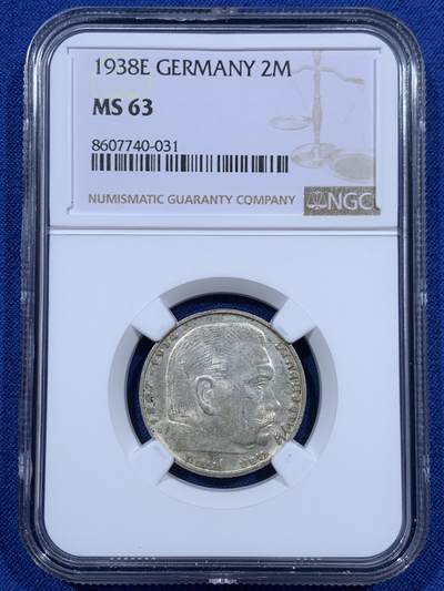 《竞宝斋》第459场 周日，周一，2场连拍 （全场包邮）欢迎送拍 - NGC MS63 德国1938年兴登堡E版2马克银币 转光明显