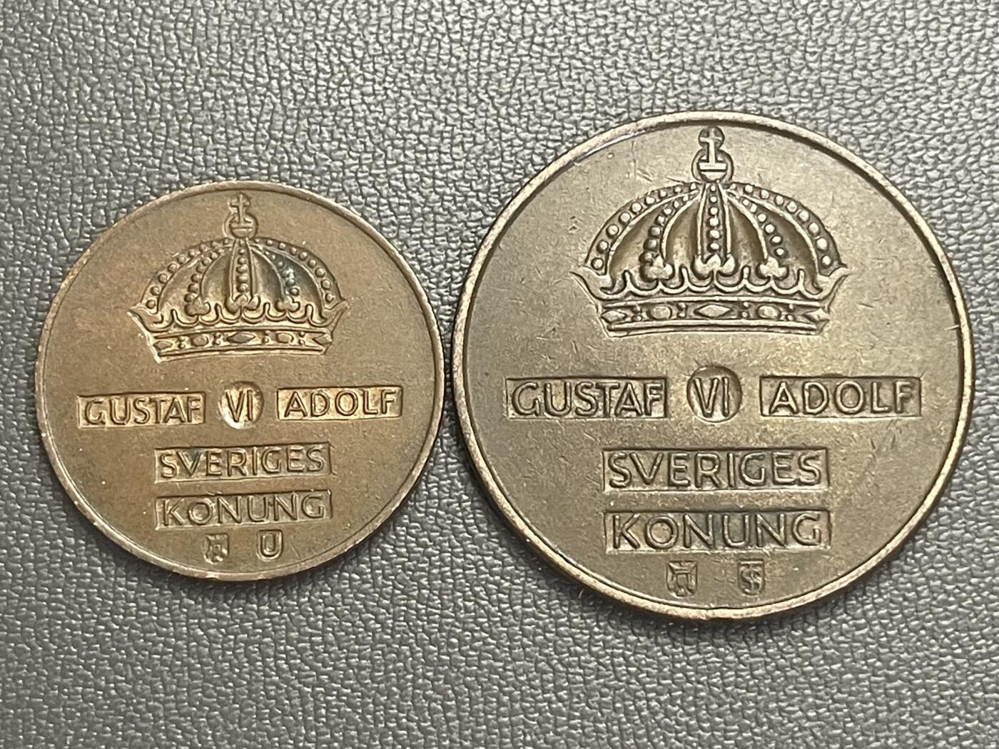 回流0120 瑞典1966、1958年古斯塔夫六世时期2欧尔、5欧尔铜币
