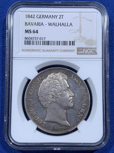 《竞宝斋》第459场 周日，周一，2场连拍 （全场包邮）欢迎送拍 - 亚军分 NGC MS64 德国 1842年 巴伐利亚路德维希一世纪念瓦尔哈拉英灵殿落成2泰勒 实物带彩光 PL质感