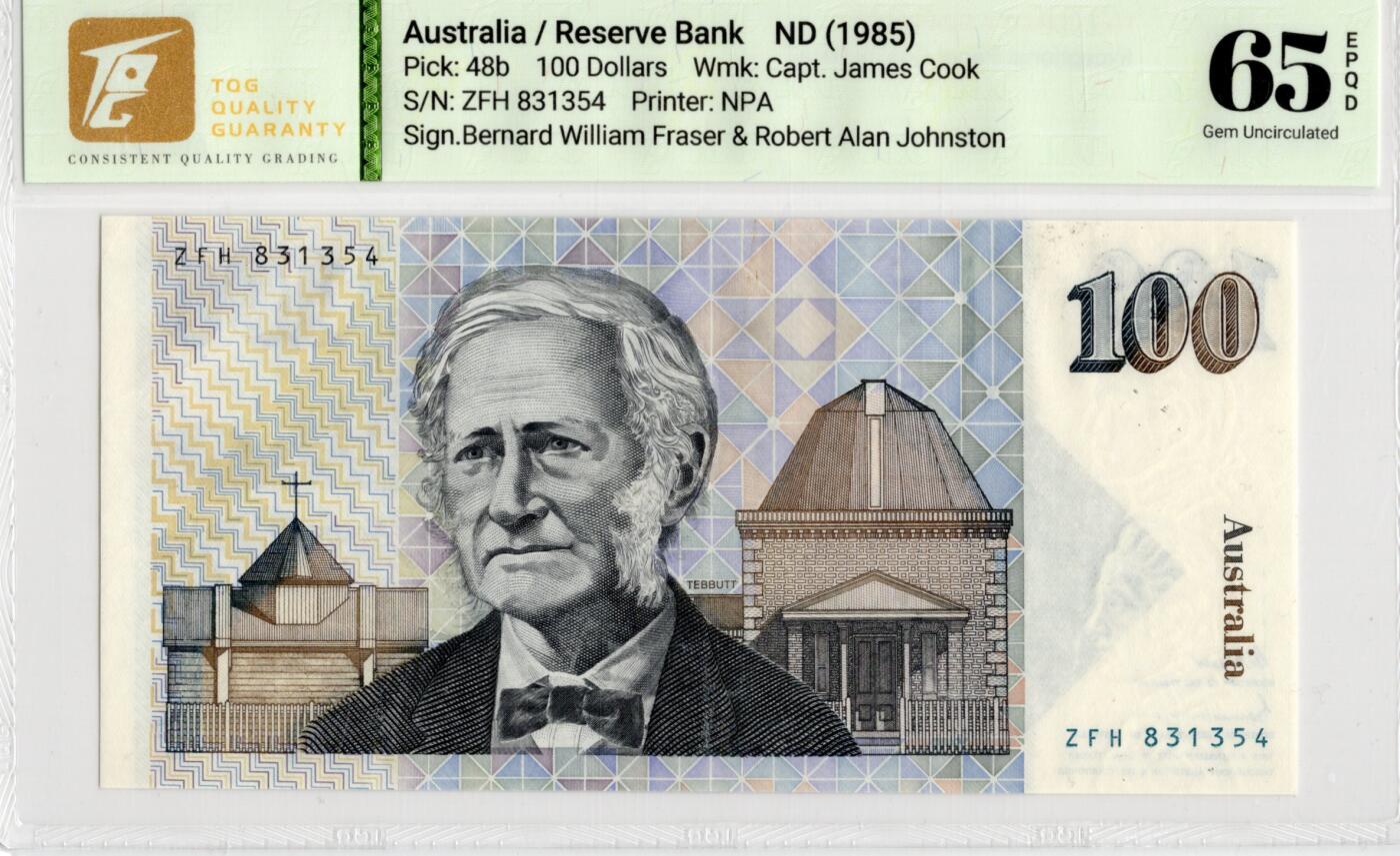 喜羊羊钱币收藏2026第14期(评级币场) 澳大利亚	P-48b 1985年100元			65E				ZFH 831354			