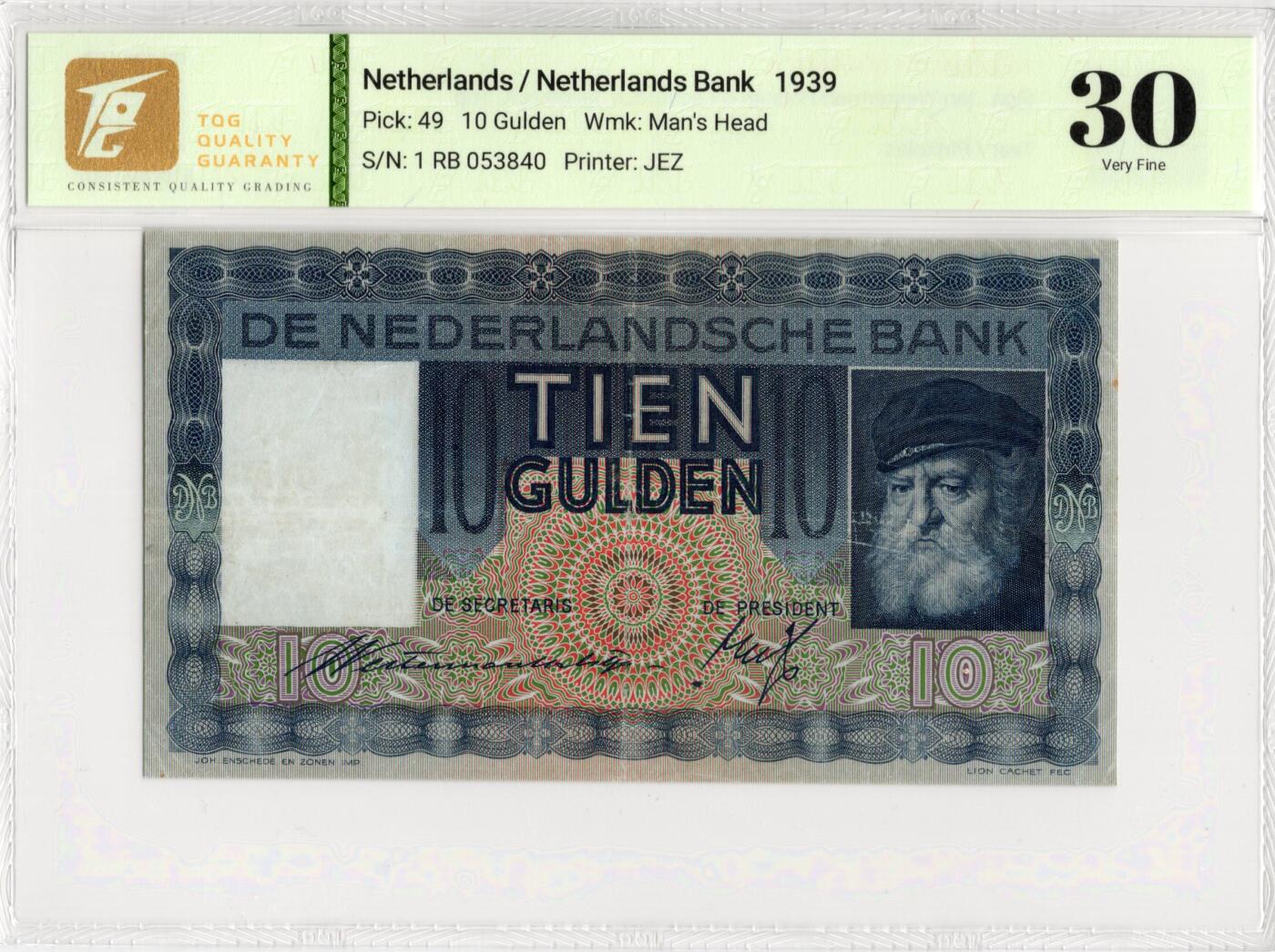 喜羊羊钱币收藏2026第13期(高性价比评级币场) 	荷兰	P-49 1939年10盾		30				1RB053840			