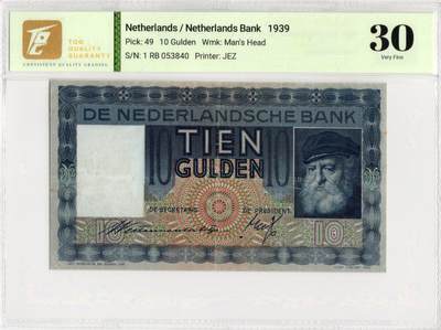 喜羊羊钱币收藏2026第13期(高性价比评级币场) - 	荷兰	P-49 1939年10盾		30				1RB053840			