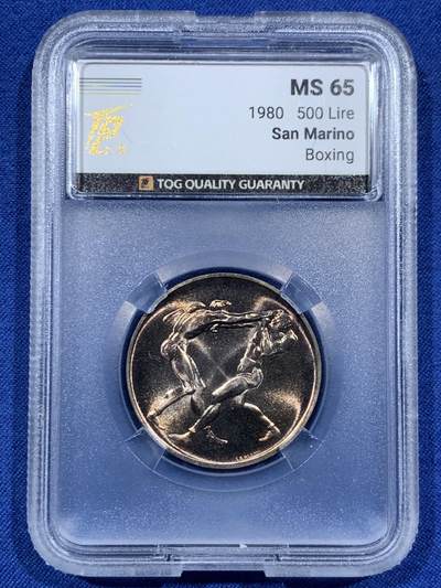 《竞宝斋》第459场 周日，周一，2场连拍 （全场包邮）欢迎送拍 - TQG MS65 圣马力诺1980年拳击500里拉银币 绝美五彩包浆