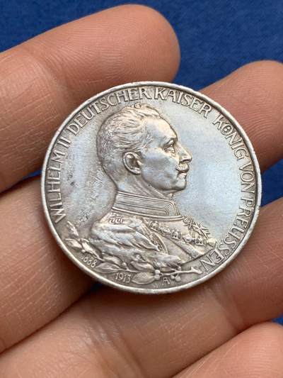 《竞宝斋》第459场 周日，周一，2场连拍 （全场包邮）欢迎送拍 - 德国普鲁士1913年威廉二世3马克银币