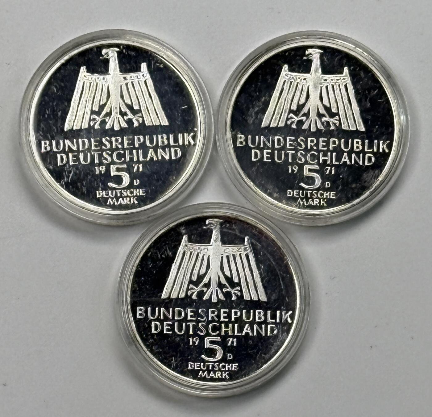 S&S Numismatic世界钱币-拍卖 第119期  3枚一起-德国1971年 阿尔布雷希特·丢勒诞辰500周年 5马克精制纪念银币，3枚合计33.6克625银，品相如图