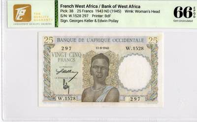 喜羊羊钱币收藏2026第14期(评级币场) - 法属西非	P-38 1943年25法郎			66E				W.1528 297			