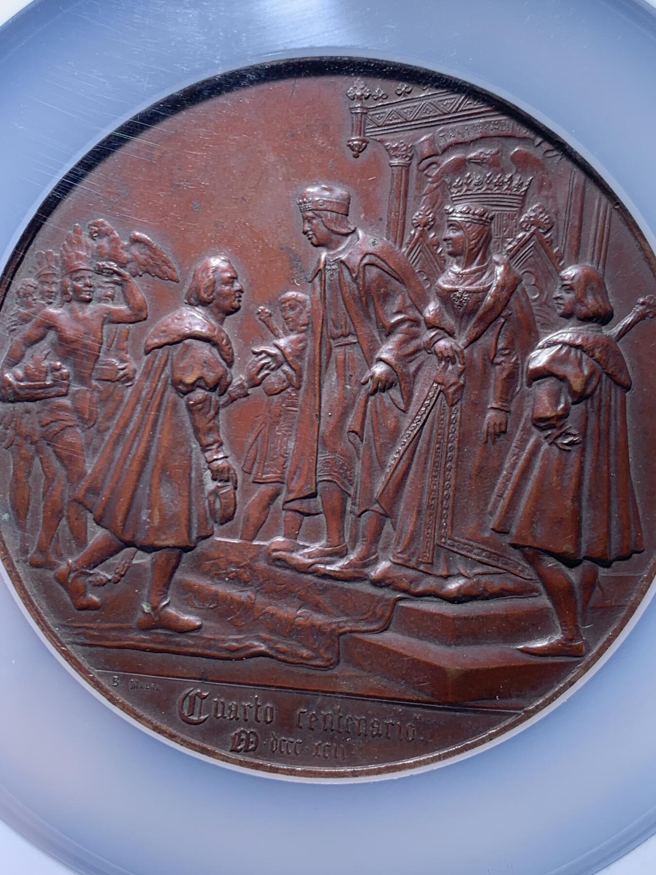 《竞宝斋》第459场 周日，周一，2场连拍 （全场包邮）欢迎送拍 NGC MS61BN 1892年 哥伦布 发现美洲纪念章 加大加厚盒装