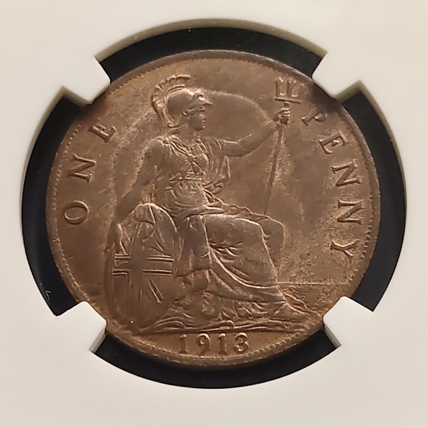 【全场包邮】纯粹捡漏拍497场-持续更新中 英国1913年乔治五世1便士铜币-NGC MS63 BN