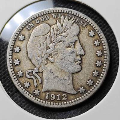 KK钱币收藏小铺  第400期  百期特拍（四拍之四）2月预留时间 周末发货 -  1912美国25分巴伯银币 通货好品 人脸清楚