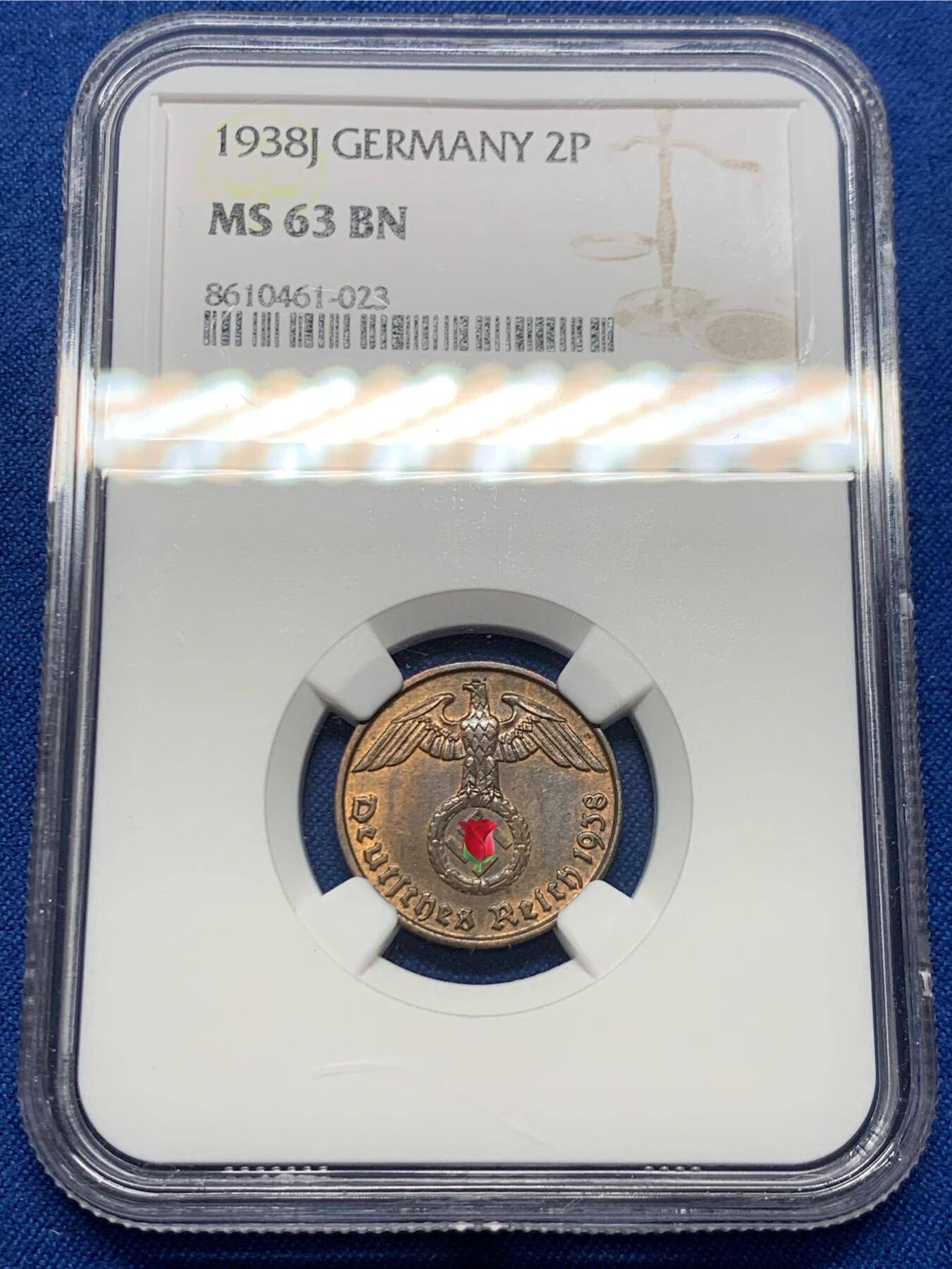 《竞宝斋》第459场 周日，周一，2场连拍 （全场包邮）欢迎送拍 NGC MS63BN 德国1938J厂2芬尼铜币，经典品种，少见一点的厂别