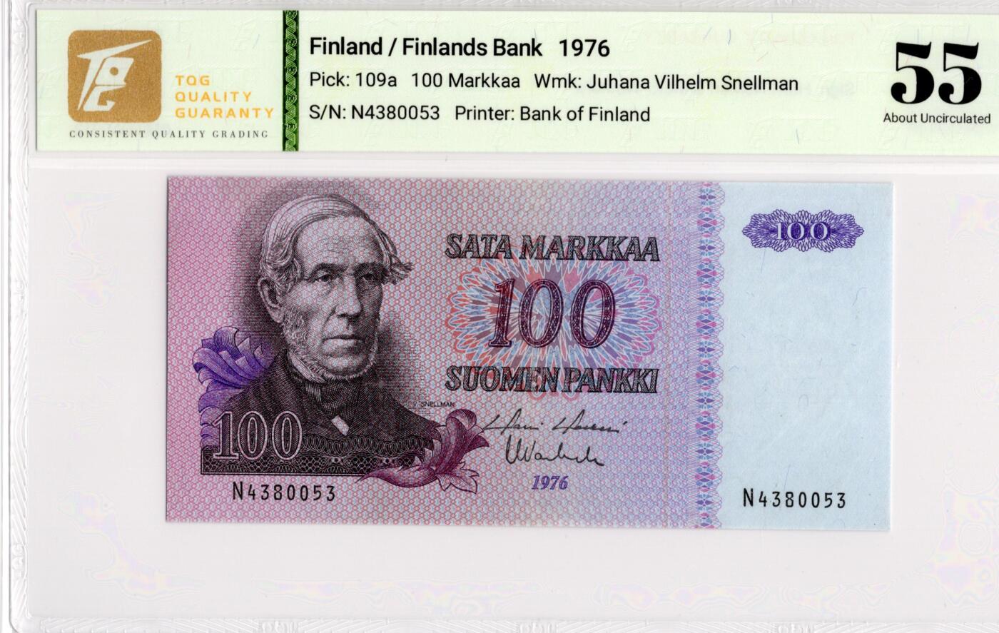 喜羊羊钱币收藏2026第13期(高性价比评级币场) 	芬兰	P-109a 1976年100马克	55				N4380053			