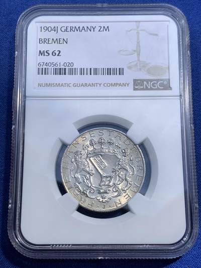 《竞宝斋》第459场 周日，周一，2场连拍 （全场包邮）欢迎送拍 - NGC MS62 德国1904年不莱梅2马克银币 原光五彩 状态一流 有点严评了